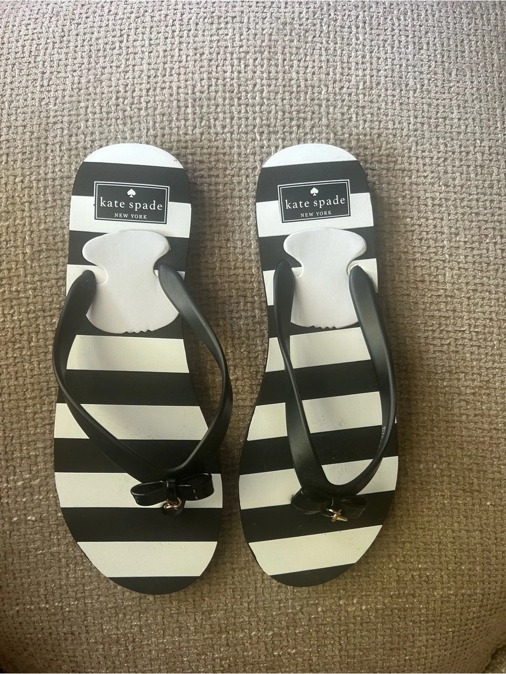kate spade Black and White Striped Flip Flop Sandals with Bow